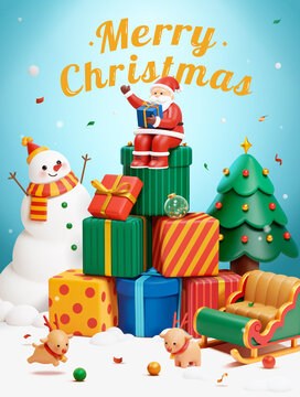 三维圣诞节海报 圣诞老人坐在礼物堆上