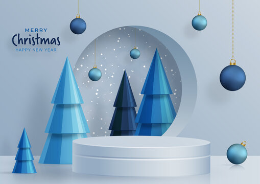 拱门旁的渲染圆形舞台与圣诞树 广告模板
