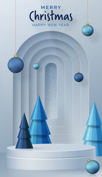 圆形渲染舞台与室内圣诞装饰 广告模板