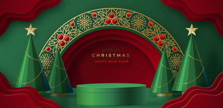 层次拱门前的圆形渲染舞台 圣诞节广告模板