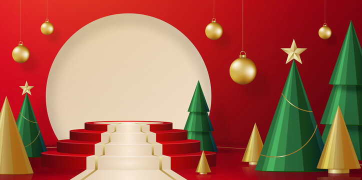 渲染圆形舞台阶梯 圣诞节装饰广告模板