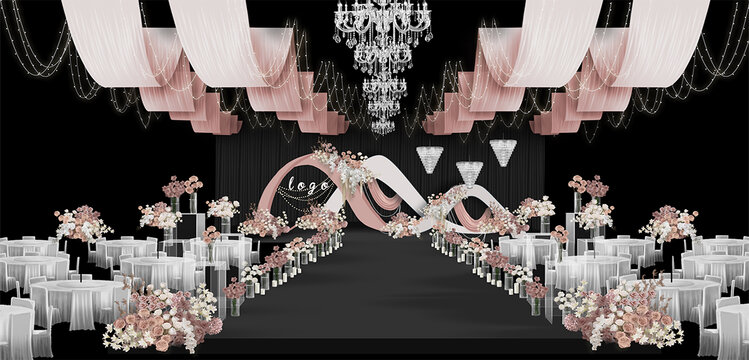 粉色韩式满厅吊顶婚礼效果图