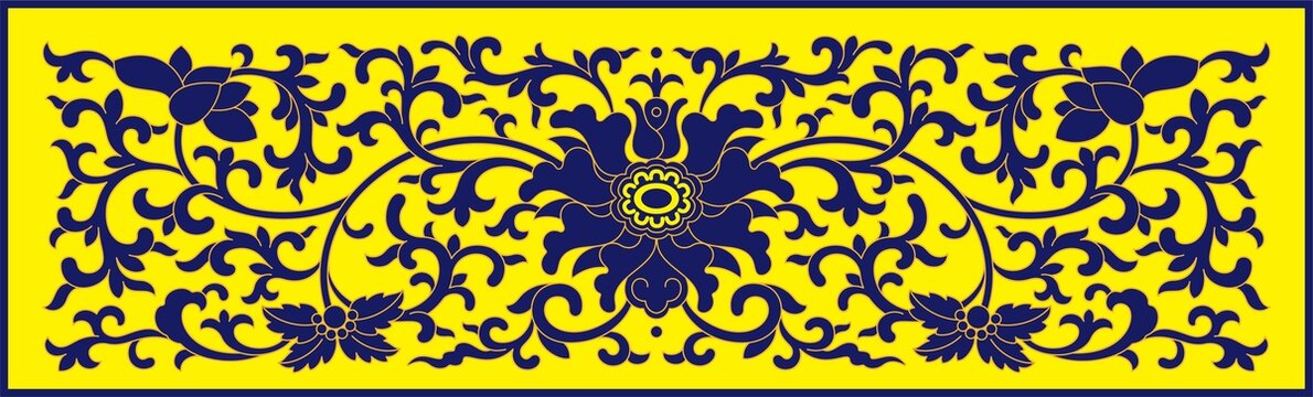 方形黄底青花莲纹