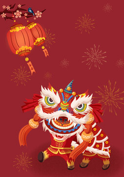 元旦春节大红色舞狮元素
