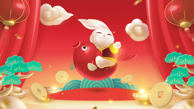 春节插画设计兔子骑着鲤鱼