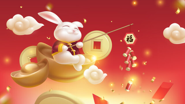 春节插画设计放鞭炮的可爱兔子