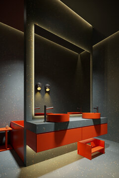 现代极简橘红色浴室柜