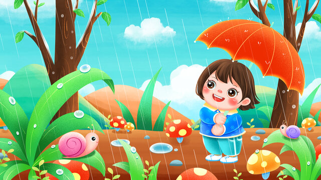 春节惊蛰雨水打伞的小孩插画