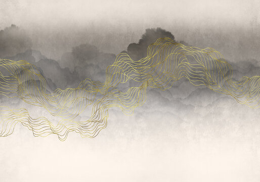 新中式轻奢抽象线条云背景墙