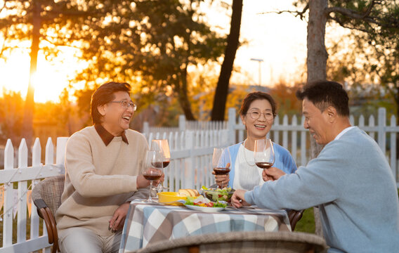 夕阳下中老年朋友在庭院里聚会喝酒聊天