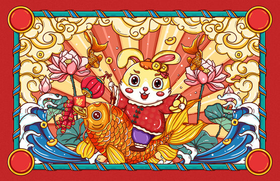 国潮风兔年年年有鱼包装插画