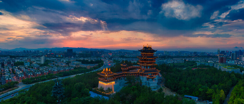 义乌城市地标鸡鸣阁夜景航拍