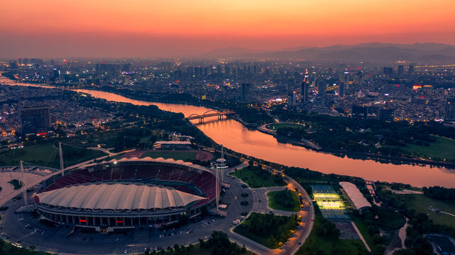 义乌城市夜景义乌市体育场航拍