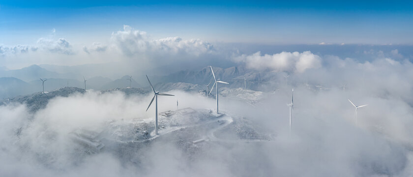 东白山雪景风车云海清洁能源
