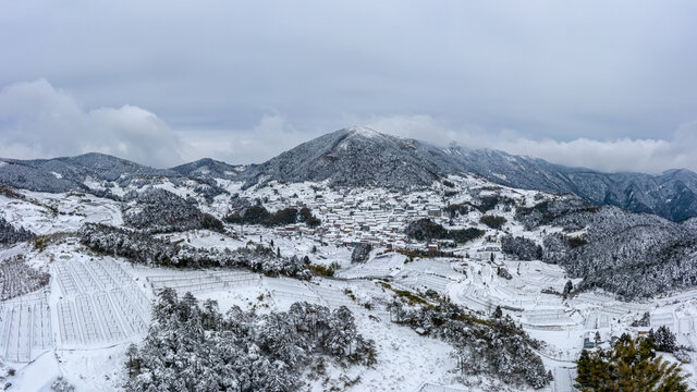 金华北山山村雪景风光航拍