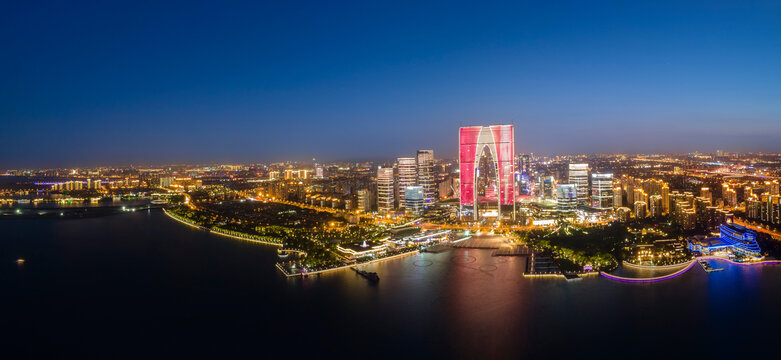 航拍苏州城市夜景全景