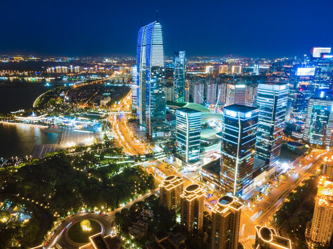 航拍苏州工业园区城市夜景