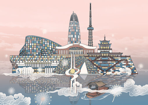 济南城市地标建筑国风插画