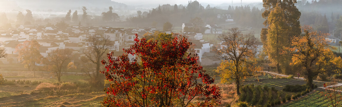 宽幅江南山村秋天晨景美图