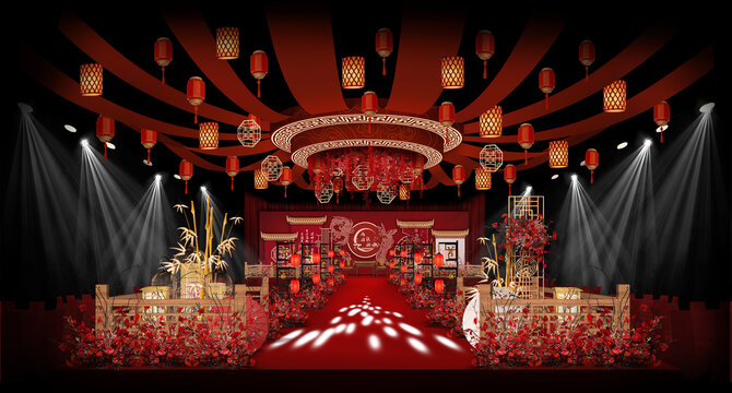 红色中式仪式区婚礼手绘效果图