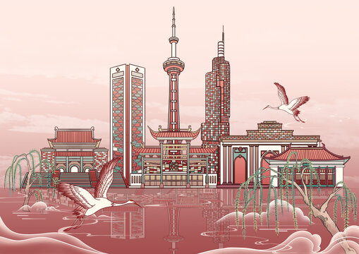 南京城市地标建筑国风插画