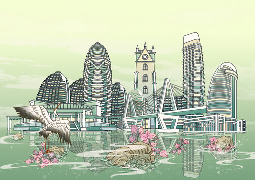三亚城市地标建筑国风插画