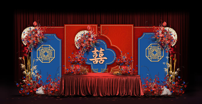 红蓝中式婚礼手绘效果图