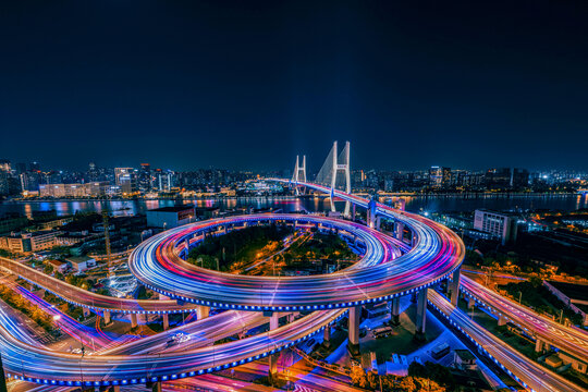 航拍上海南浦大桥夜景