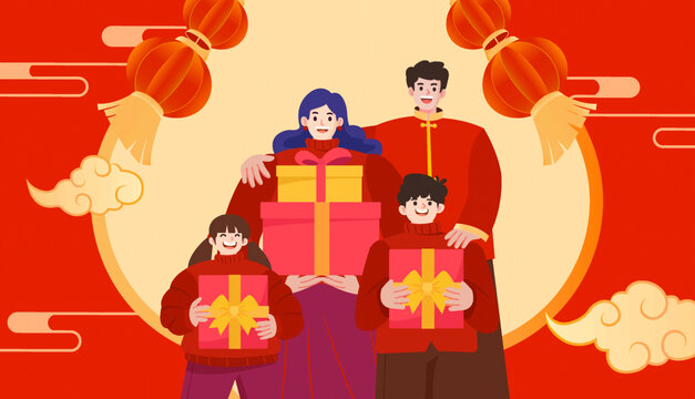 中国风春节一家人礼物礼品插画