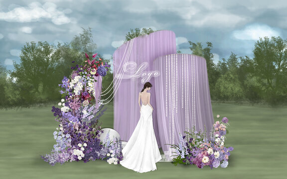 户外紫色布幔珠帘婚礼