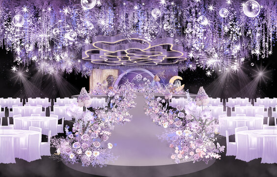 紫色手绘婚礼舞台效果图