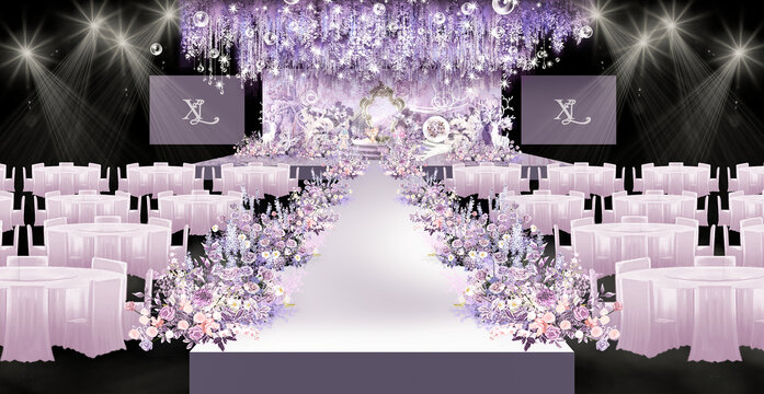 紫色手绘婚礼舞台效果图