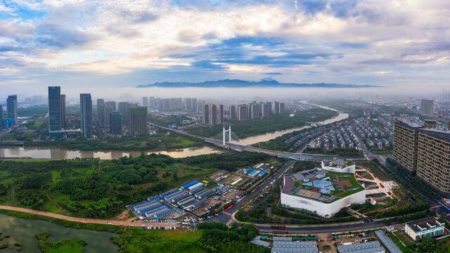 义乌城市地标美术馆平流雾风光