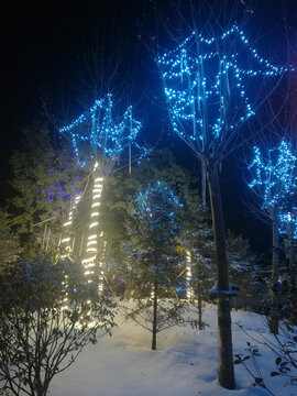 夜雪中闪闪的霓虹灯