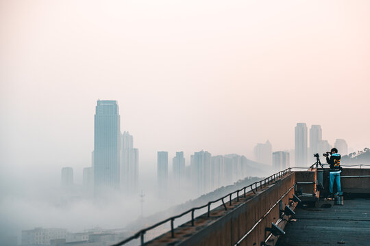 大连平流雾风光地标建筑航拍