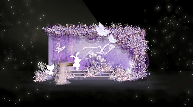 紫色手绘婚礼效果图迎宾区