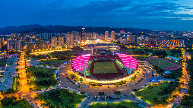 义乌市体育场夜景全景航拍