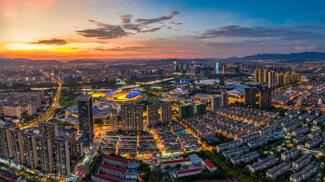 浙江义乌城市夜景风光航拍