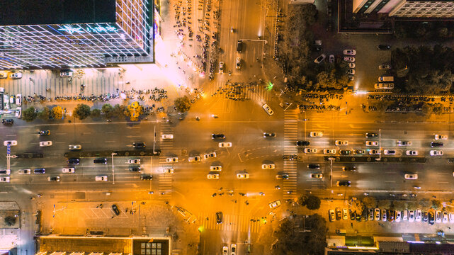 航拍城市十字路口夜景