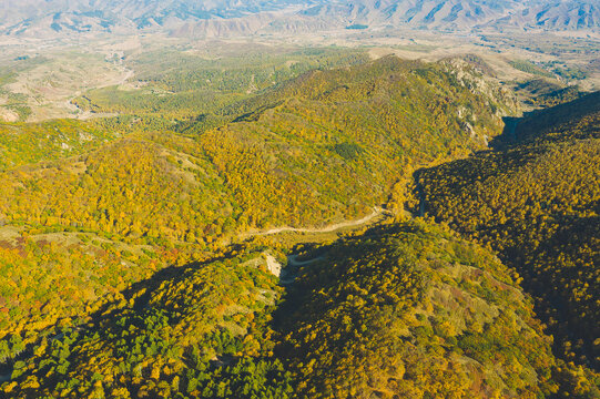 航拍秋季森林景色山路