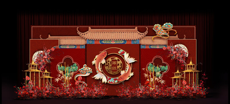 红色中式婚礼手绘