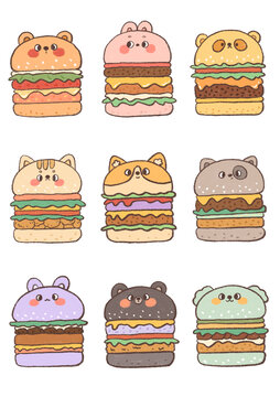可爱手绘动物汉堡包插画