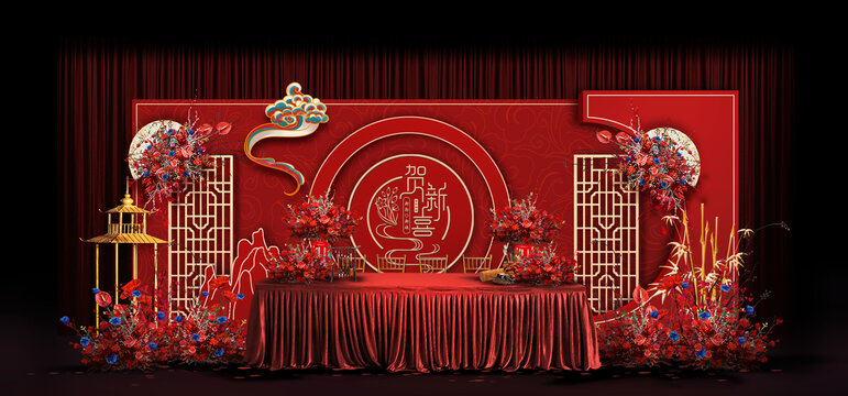 红色中式签到台婚礼手绘效果图
