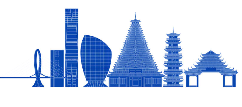 蓝色剪影广西柳州地标建筑群