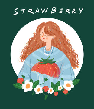 草莓女孩卡通甜品插画