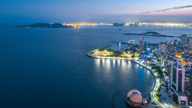 航拍青岛湾区风光夜景