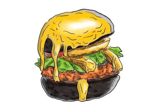 芝士汉堡手绘美食插画