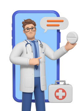 手机中讲解药物的3D卡通医生