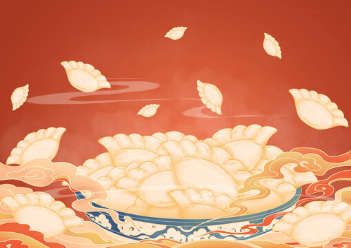 新年春节国风饺子插画横板