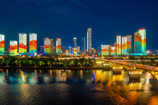 航拍长沙橘子洲大桥湘江沿岸城市夜景风光